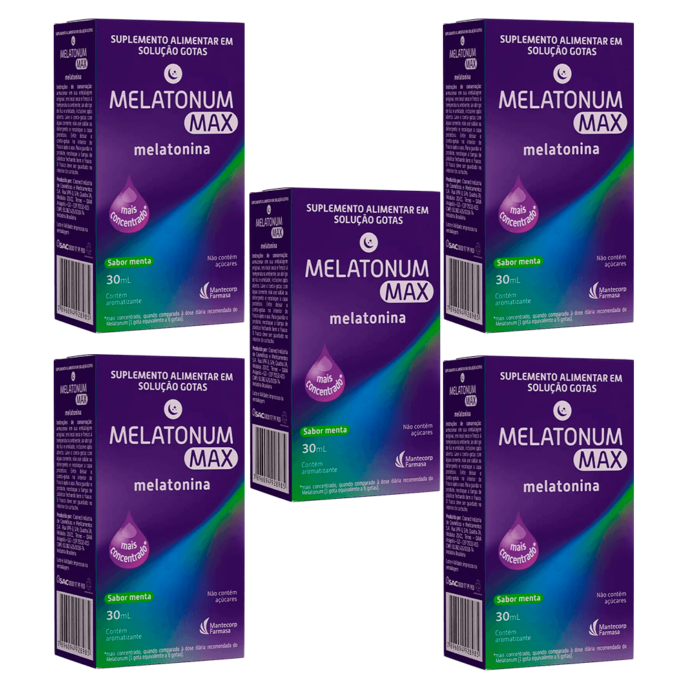 Kit c/5 Melatoninas Melatonum Max 30mL Gotas Sabor Menta