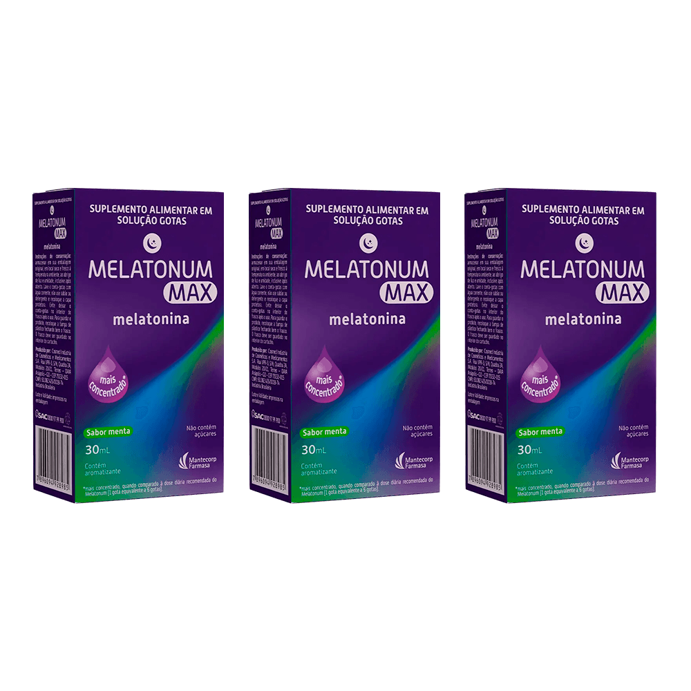 Kit c/3 Melatoninas Melatonum Max 30mL Gotas Sabor Menta